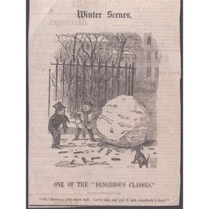 Antique 1850s Saturday Evening Post Clipping Winter Scenes Snowball Woodcut Art